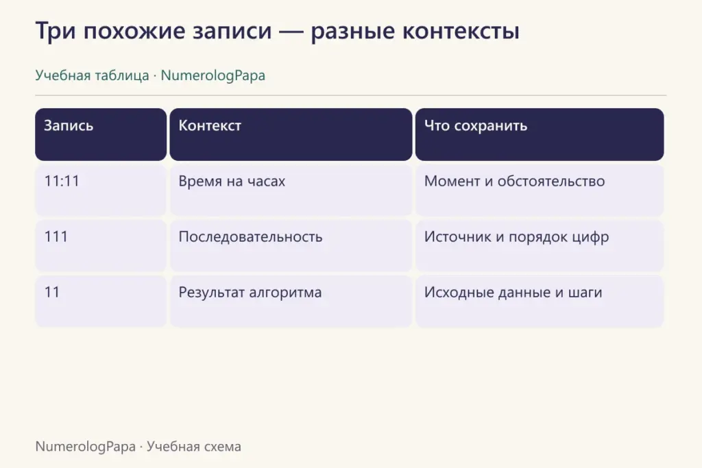 Время 11:11, последовательность 111 и результат 11 показаны раздельно.