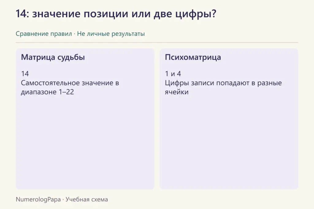 Сравнение числа 14 в позиции матрицы и цифр 1 и 4 для психоматрицы.