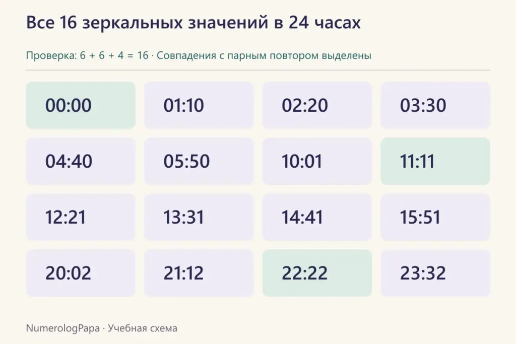Шестнадцать допустимых зеркальных времён; выделены 00:00, 11:11 и 22:22.