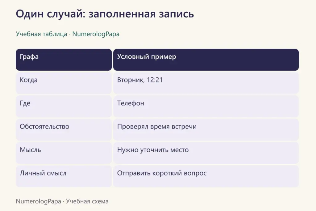 Пример дневника с временем, источником, обстоятельством, мыслью и личным смыслом.