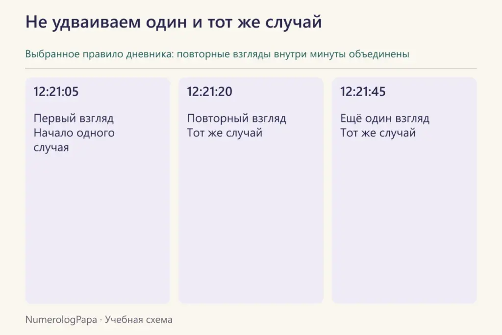 Три взгляда в течение минуты 12:21 объединены в один случай дневника.