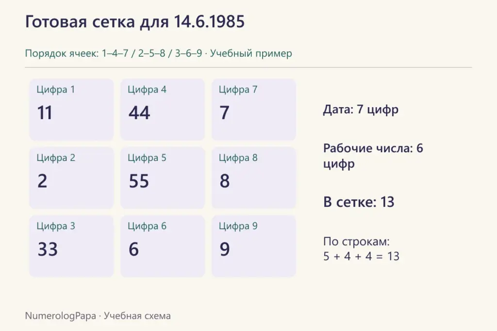 Психоматрица с тринадцатью цифрами и проверкой суммы по строкам.